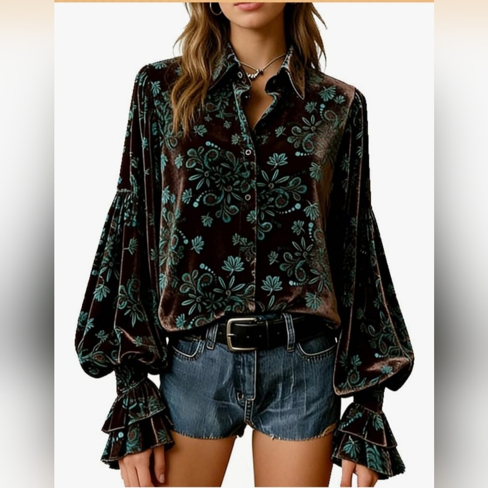 Cherrybetty NWT Brown & Turquoise Velvet Floral Print Blouse Top Size M
